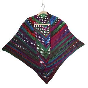 Boho Granny Square Crochet Shawl Wrap Boho Multi Color Handmade Bright Colors